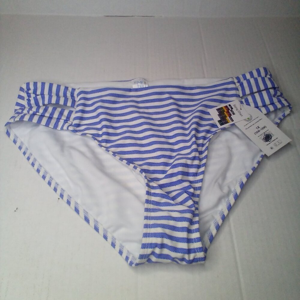Time And Tru Swim Bikini Bottom 1X 16W 18W Mid-Rise Stripe Blue White